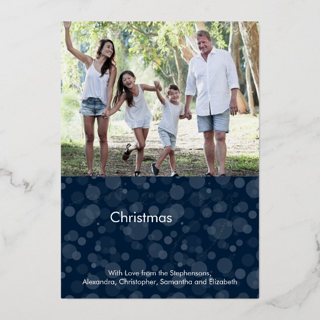 Navy Blue Script Bokeh Merry Christmas Photo (Front)