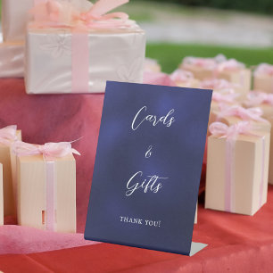 Navy blue script cards gifts sign