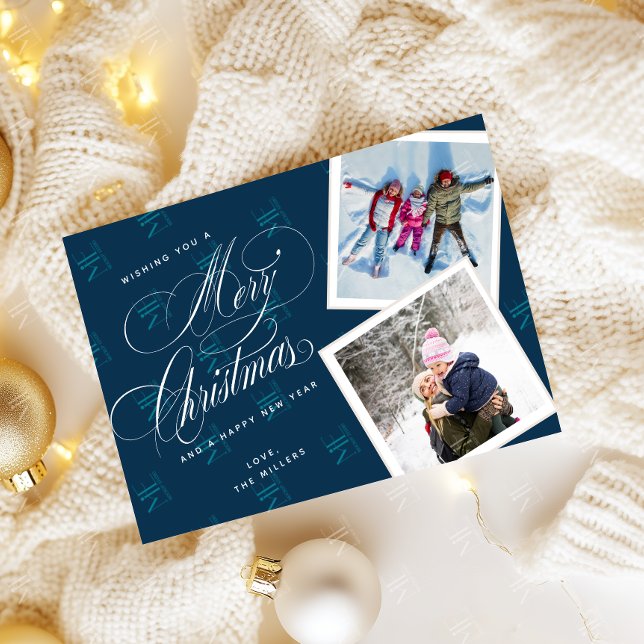 Navy Blue Script Collage Merry Christmas Photo Holiday Card (Creator Uploaded)