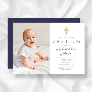 Navy Blue Script Cross Boy Photo Baptism Invitation