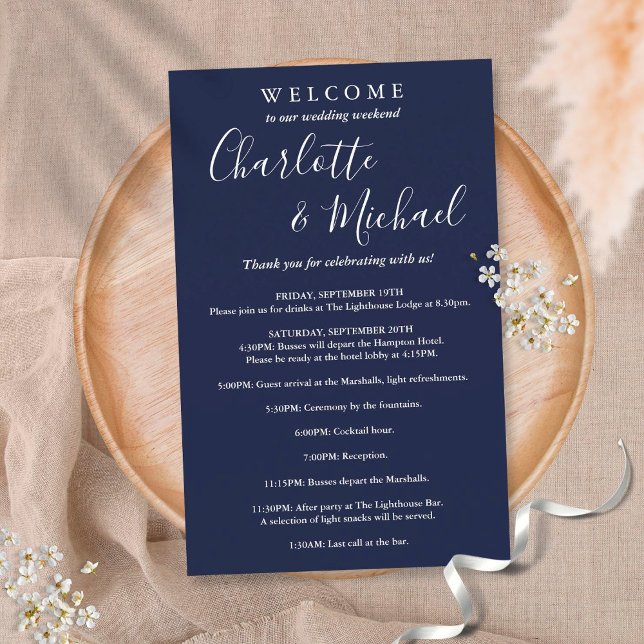 Navy Blue Script Guest Wedding Weekend Program (Creator Uploaded)