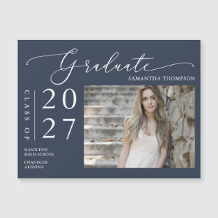 Navy Blue Script High School Graduate Photo Magnet