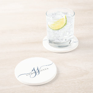 Navy Blue Script Initials Monogram Minimalist  Coaster