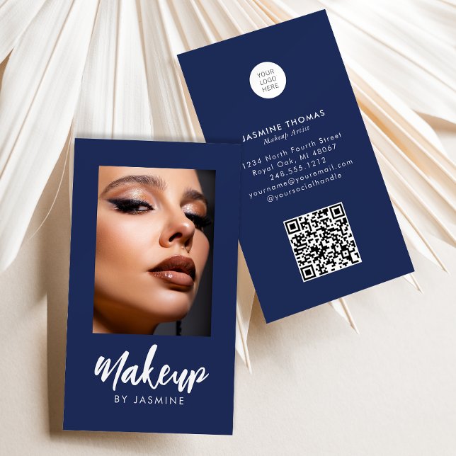 Navy Blue Script Logo QR Code Photo Makeup Business Card (Creator Uploaded)