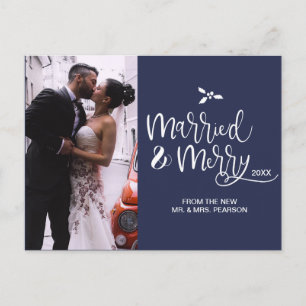Navy Blue Script Married and Merry Christmas Holiday Postcard