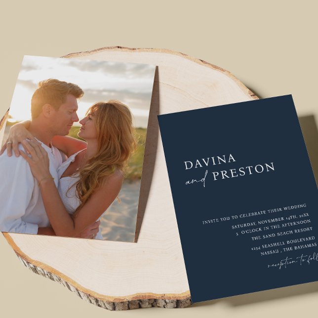 Navy Blue Script Modern Simple Photo Wedding Invitation (Creator Uploaded)