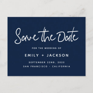 Navy Blue Script Modern Simple Save the Date Announcement Postcard