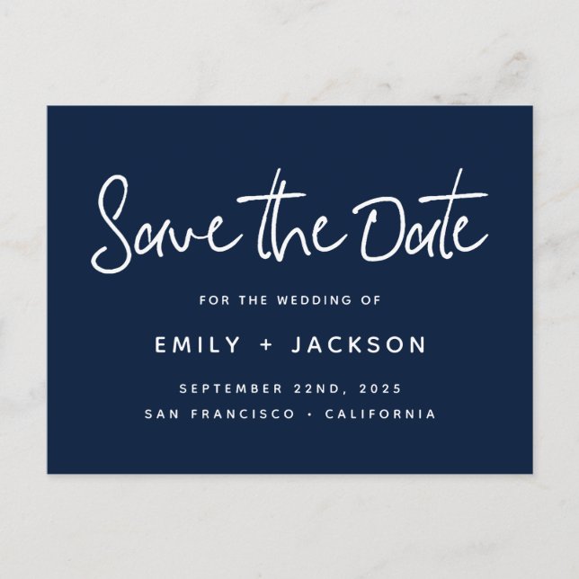 Navy Blue Script Modern Simple Save the Date Announcement Postcard (Front)