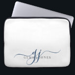 Navy Blue Script Monogram Initials Minimalist  Laptop Sleeve<br><div class="desc">A chic modern stylish navy blue script initials monogram on white,  with a dramatic script initial with swashes and your full name in a modern serif type.</div>