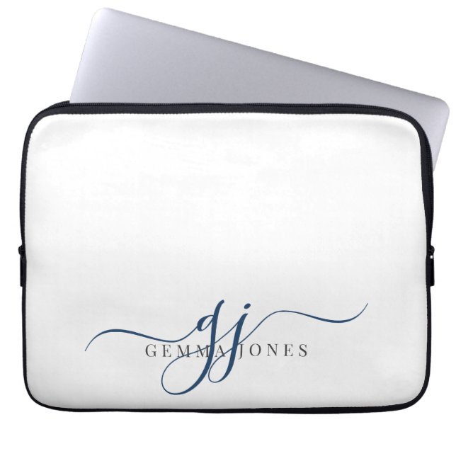 Navy Blue Script Monogram Initials Minimalist  Laptop Sleeve (Front)