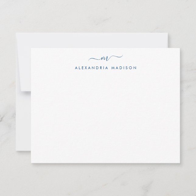 Navy Blue Script Monogram Modern Swash Stationery Card (Front)