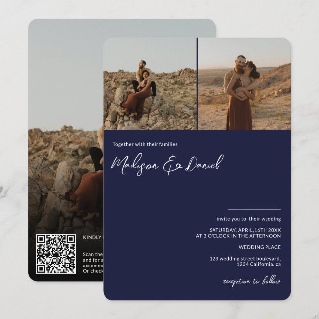 navy blue script names 3 photos  qr code wedding invitation (Front/Back)