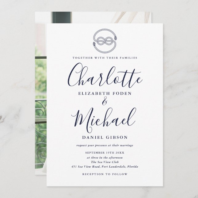 Navy Blue Script Nautical Knot Photo Wedding Invitation (Front/Back)