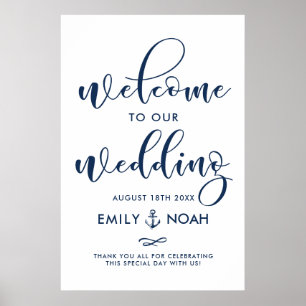Navy Blue Script Nautical Wedding Welcome Sign II