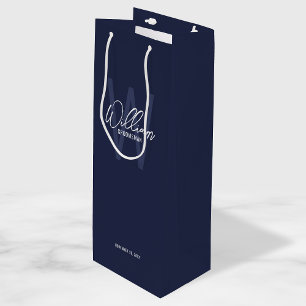 Navy Blue Script Personalised Groomsman's Name Wine Gift Bag