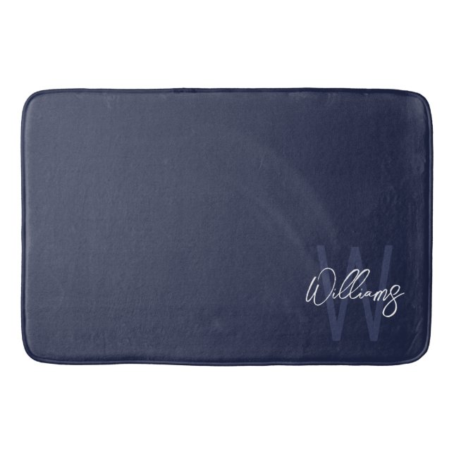 Navy Blue Script Personalised Monogram and Name Bath Mat (Front)
