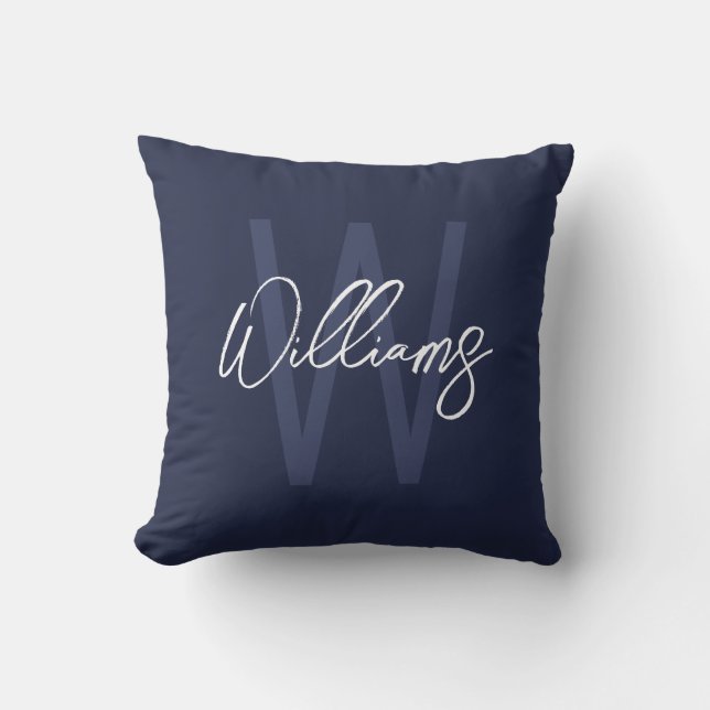 Navy Blue Script Personalised Monogram and Name Cushion (Front)
