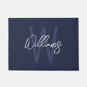 Navy Blue Script Personalised Monogram and Name Doormat