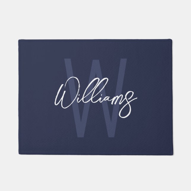 Navy Blue Script Personalised Monogram and Name Doormat (Front)