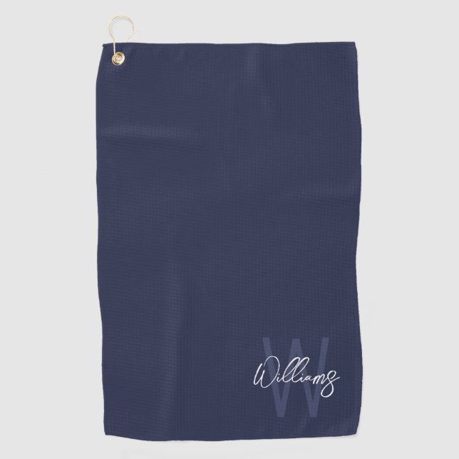 Navy Blue Script Personalised Monogram and Name Golf Towel (Front)