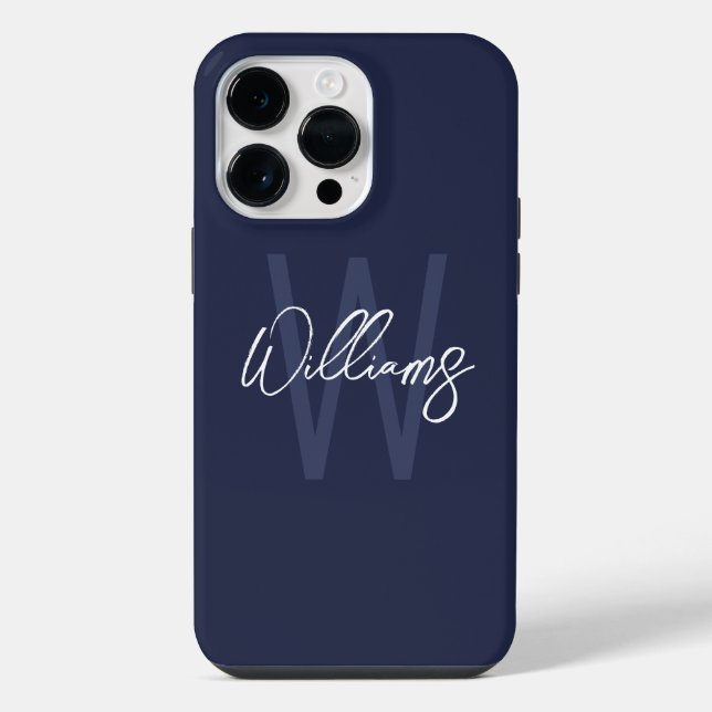Navy Blue Script Personalised Monogram and Name iPhone Case (Back)