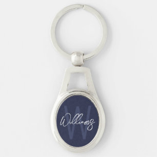 Navy Blue Script Personalised Monogram and Name Key Ring