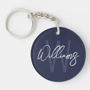 Navy Blue Script Personalised Monogram and Name Key Ring