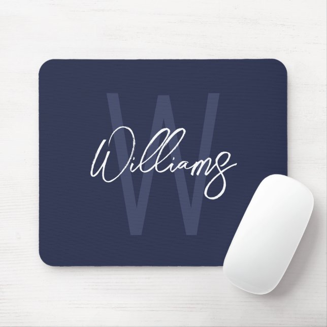 Navy Blue Script Personalised Monogram and Name Mouse Pad (With Mouse)