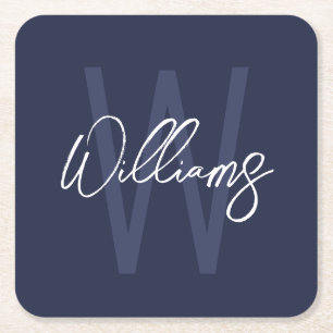 Navy Blue Script Personalised Monogram and Name Square Paper Coaster