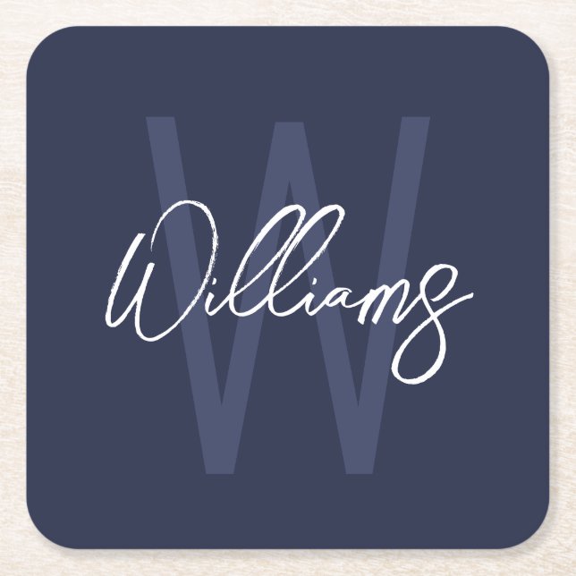 Navy Blue Script Personalised Monogram and Name Square Paper Coaster (Front)