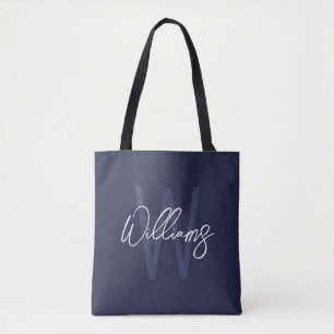 Navy Blue Script Personalised Monogram and Name Tote Bag