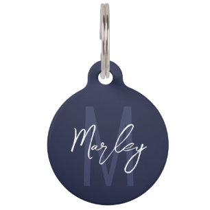 Navy Blue Script Personalized Monogram and Name Pet Tag