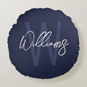 Navy Blue Script Personalized Monogram and Name Round Cushion
