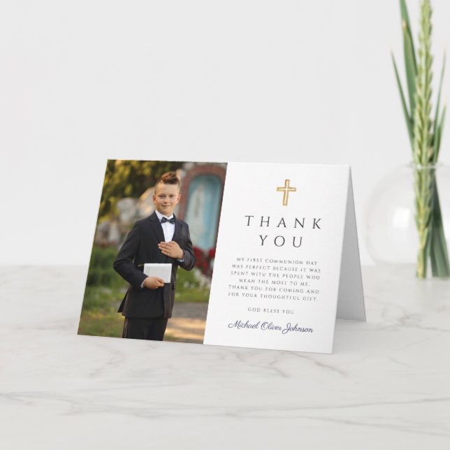 Navy Blue Script Photo Boy First Communion Folded Thank You Card (Front)