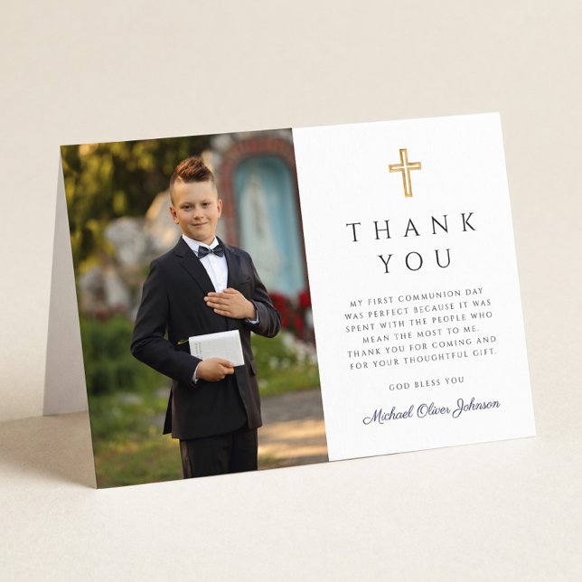 Navy Blue Script Photo Boy First Communion Folded Thank You Card (Navy Blue Script Photo Boy First Communion Folded Thank You Card)