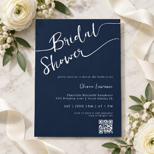Navy Blue Script QR Bridal Shower Invitation