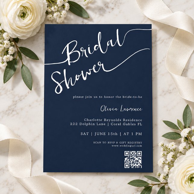 Navy Blue Script QR Bridal Shower Invitation (navy bridal shower)