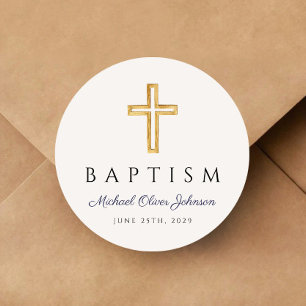  Navy Blue Script Religious Cross Boy Baptism  Classic Round Sticker