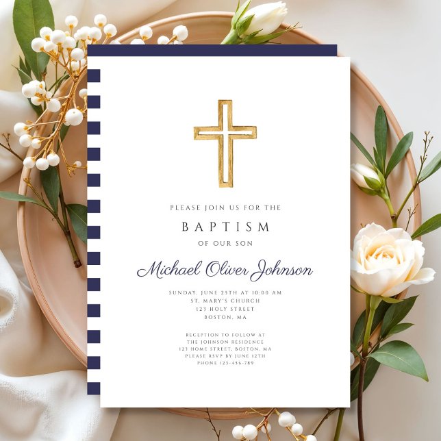 Navy Blue Script Religious Cross Boy Baptism Invitation (Navy Blue Script Religious Cross Boy Baptism Invitation)