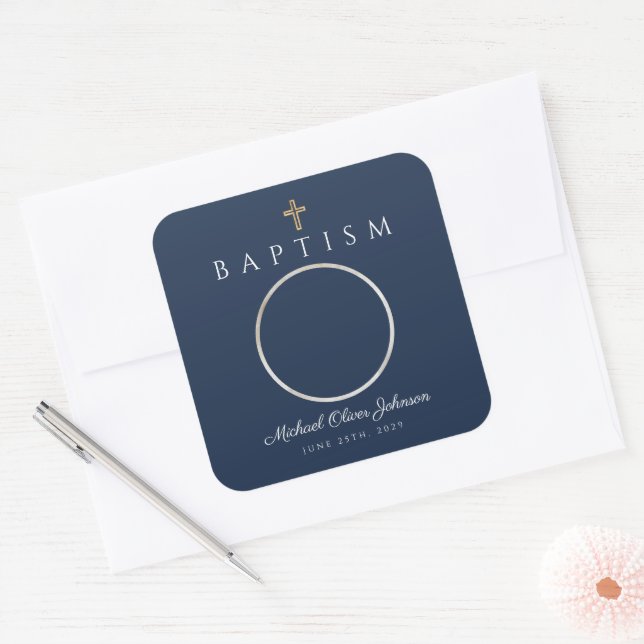 Navy Blue Script Religious Cross Boy Baptism Photo Square Sticker (Envelope)