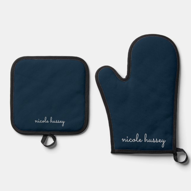 Navy Blue Script | Stylish Monogram Modern Oven Mitt & Pot Holder Set (Front)