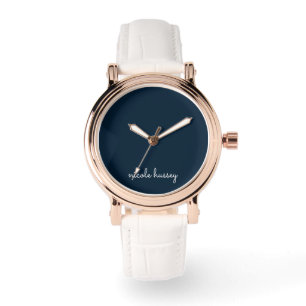 Navy Blue Script    Stylish Monogram Modern Watch