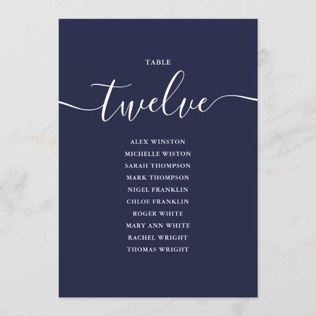 Navy Blue Script Table Number 12 Seating Chart (Front)