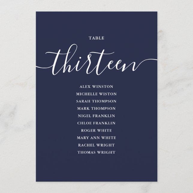 Navy Blue Script Table Number 13 Seating Chart (Front)