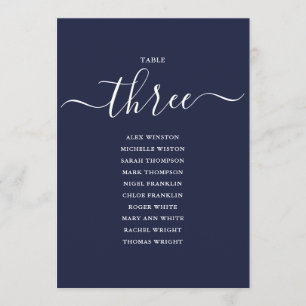 Navy Blue Script Table Number 3 Seating Chart