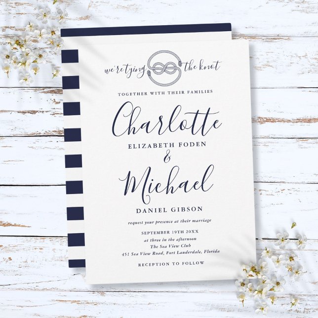 Navy Blue Script Tying The Knot Nautical Wedding Invitation (Navy Blue Script Tying The Knot Nautical Wedding Invitation)