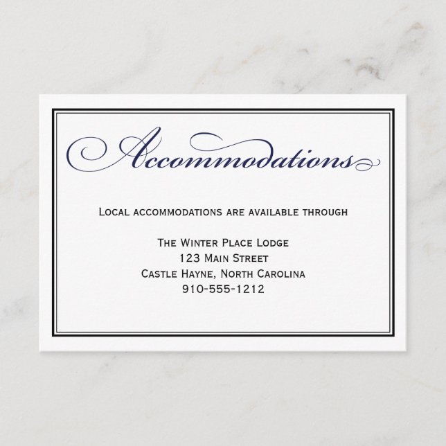 Navy Blue Script Wedding Accommodations Card (Front)