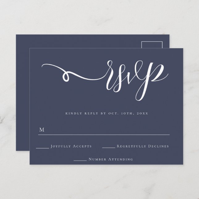 Navy Blue Script Wedding Response RSVP Postcard (Front/Back)
