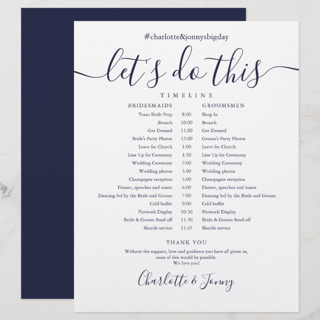Navy Blue Script Wedding Schedule Timeline (Front/Back)