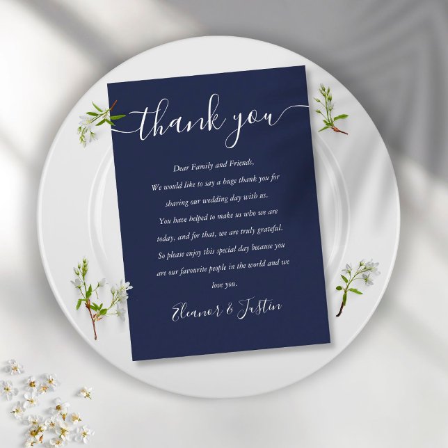 Navy Blue Script Wedding Thank You Place  Card (Creator Uploaded)